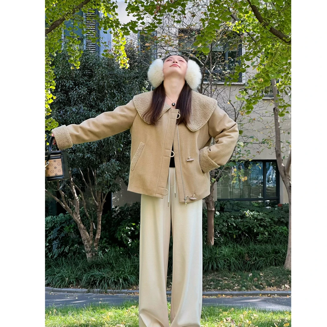 楠序乔乔微胖女装 2025冬款羊毛大翻领显瘦90白鸭绒羽绒服NX13912