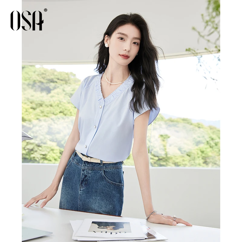 OSA/ 法式荷叶花边女夏新款小众设计感小飞袖衬衫S125B12015