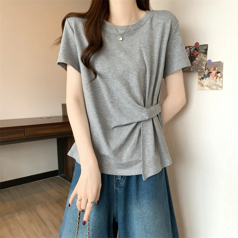 褶皱设计感正肩短袖t恤女夏季新款收腰百搭宽松半袖遮肉上衣体恤