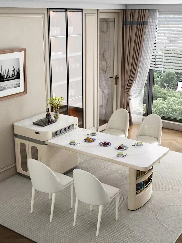 【智能】哑光奶油风岩板岛台多功能餐桌一体圆弧家具电动可伸缩桌子