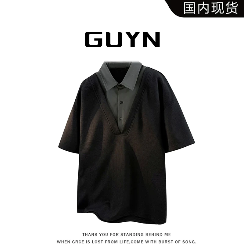 【品牌现货】GUYN时尚假两件短袖Polo衫男夏季美式休闲翻领T恤上衣
