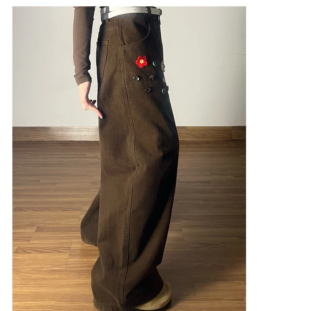 美式复古咖色花朵刺绣牛仔裤女秋冬季宽松直筒显瘦梧桐阔腿长裤子