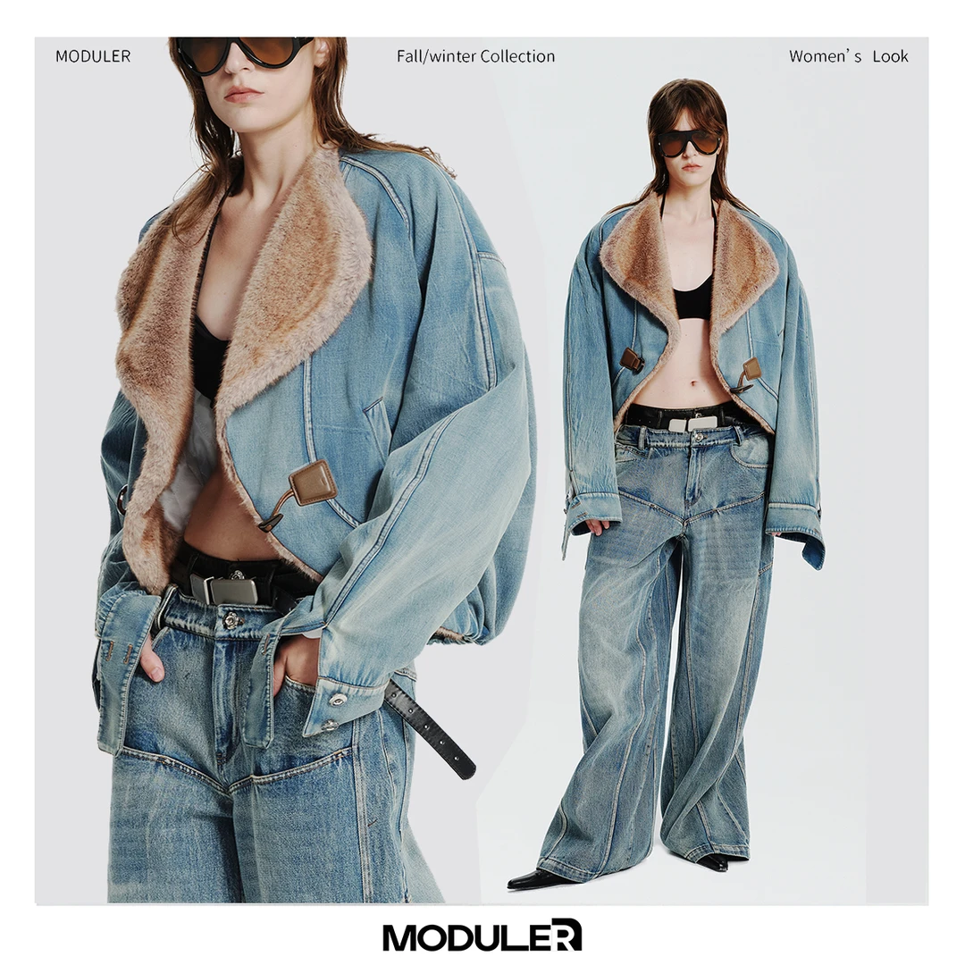 MODULER新品 原创冬款毛领夹棉南瓜夹克女新款时尚通勤牛仔外套