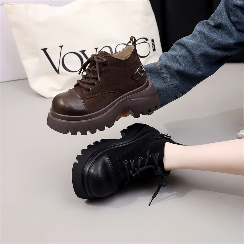 厚底马丁靴女2025新款秋冬季加绒系带增高显瘦时尚百搭女靴短靴