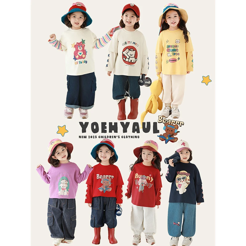 幼悠女童卡通印花假两件T恤2025春季宝宝儿童长袖休闲上衣潮C3204