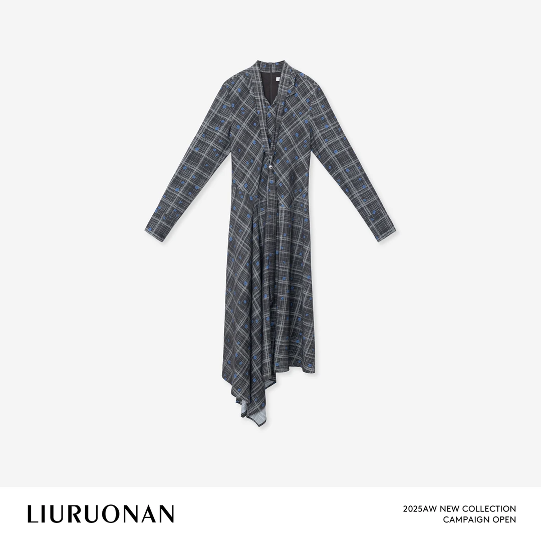 LIURUONAN 25WIN【克罗地亚】格纹拼接V领长袖不规则裙摆设计连衣裙