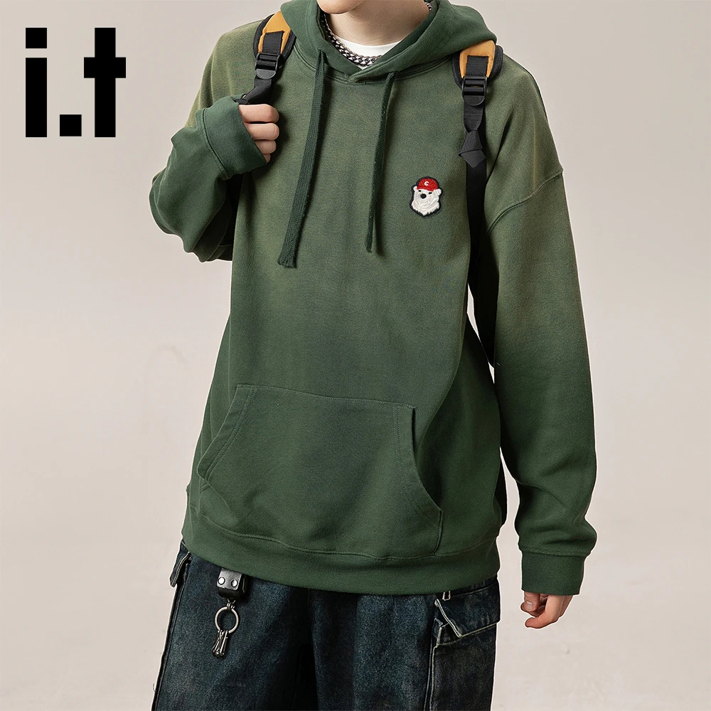 it:CHOCOOLATE墨绿色连帽重磅卫衣2025秋季新款潮流个性绣花外套