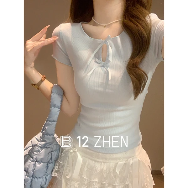 2025夏季韩版修身圆领镂空蝴蝶结设计感气质百搭短袖T恤上衣女