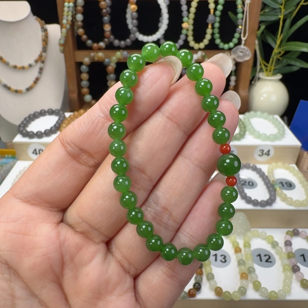 和田玉未镶嵌手串卡6辣阳绿设计款