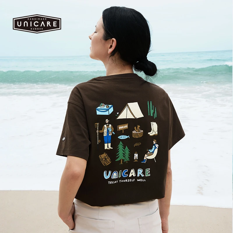 UNICARE插画春夏短袖女圆领T恤 户外复古运动休闲上衣2025新款
