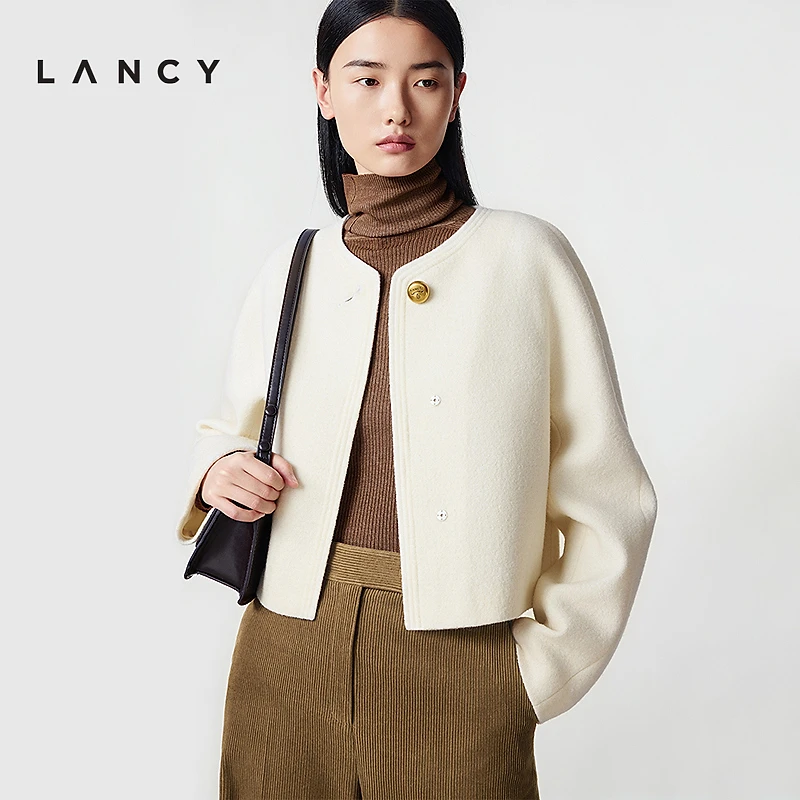 LANCY/朗姿2025冬新款气质羊毛高级白色短外套圆领简约通勤上衣女