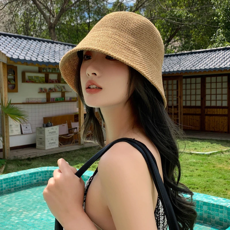 SLUMO新款手工编织草帽时尚遮阳防晒帽子韩版水桶渔夫帽镂空透气