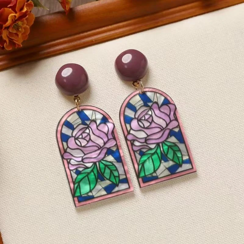 铜合金耳饰 【8846】夸张度假风莫奈花园复古花朵窗格甜美文艺风