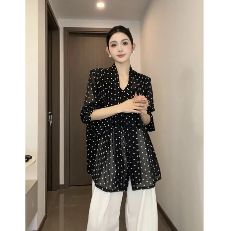 2025早秋新款复古法式蝴蝶结波点衬衫女宽松慵懒感气质上衣