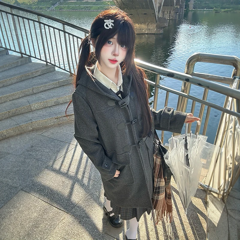 甜嗑jk制服牛角扣毛呢大衣秋冬百搭叠穿夹棉风衣加厚小个子外套女
