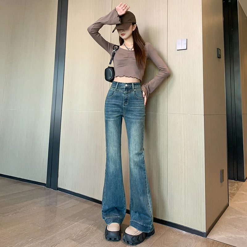 复古微喇牛仔裤女高腰2025年新款修身显瘦9662