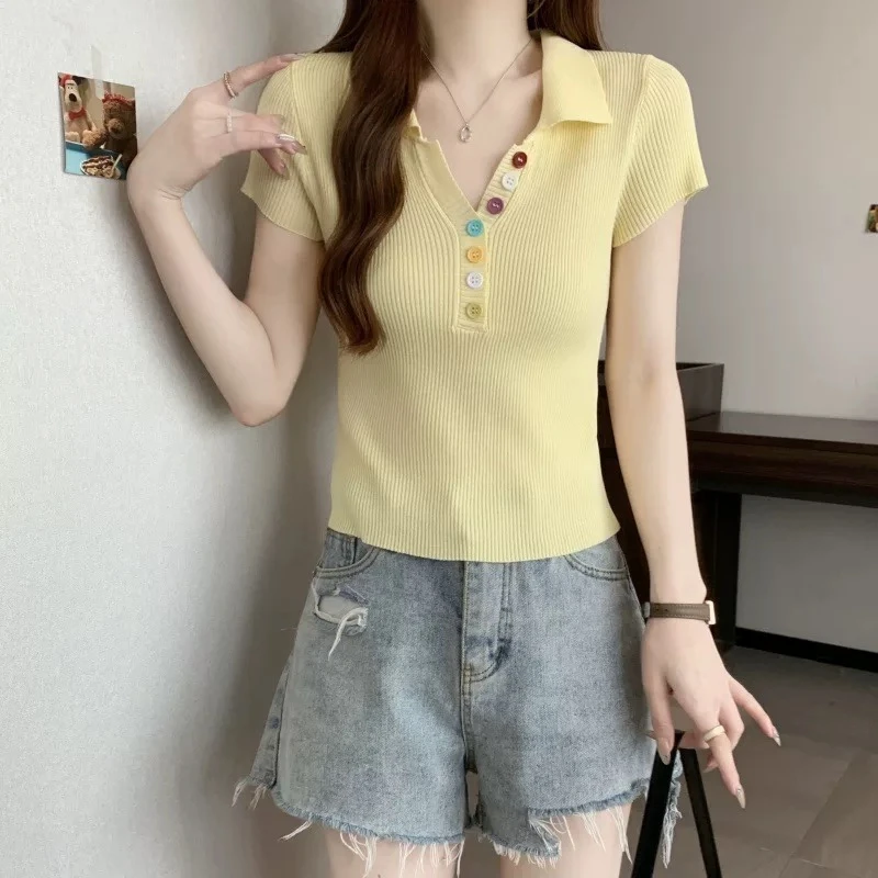 7731#针织纽扣抗皱短袖修身女T恤夏装小众高腰时尚t恤