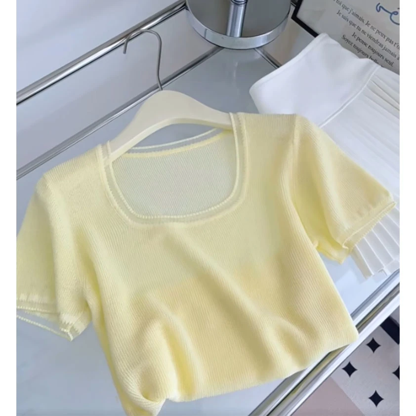 黄色拼接蕾丝短袖t恤女2025夏季新款圆领薄款高级感气质独特上衣