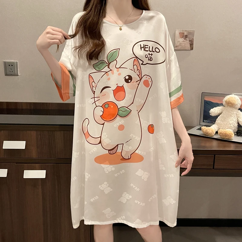 冰丝睡裙女款夏季短袖薄款可爱2025年新款夏天胖mm睡衣加肥加大码