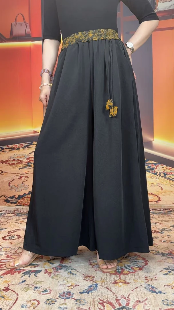 222国风拼接休闲宽松舒适阔腿裤夏季黑色显瘦百搭女裤松紧腰复古