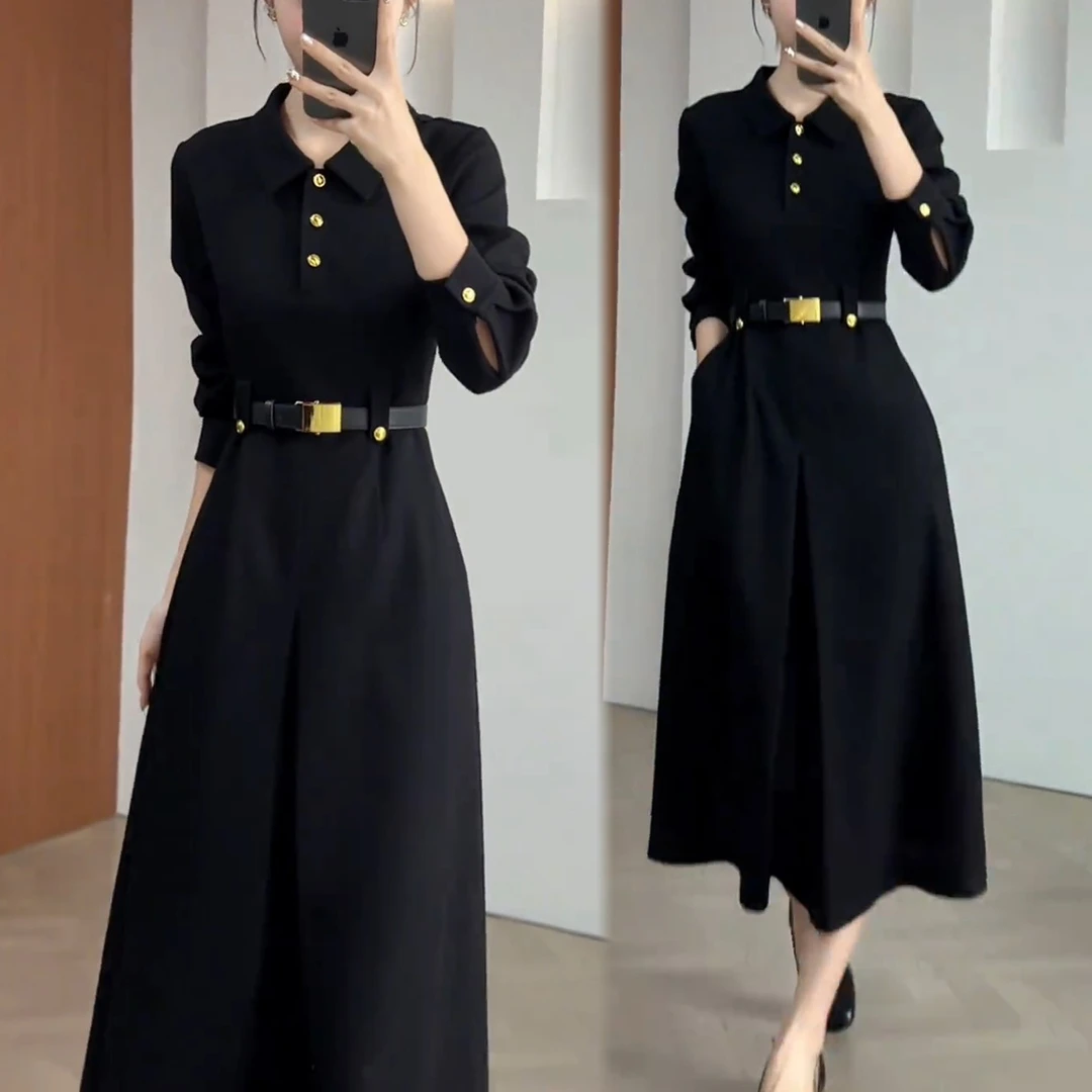 新款时尚气质中长款A字裙子复古秋季高级感黑色收腰显瘦连衣裙女