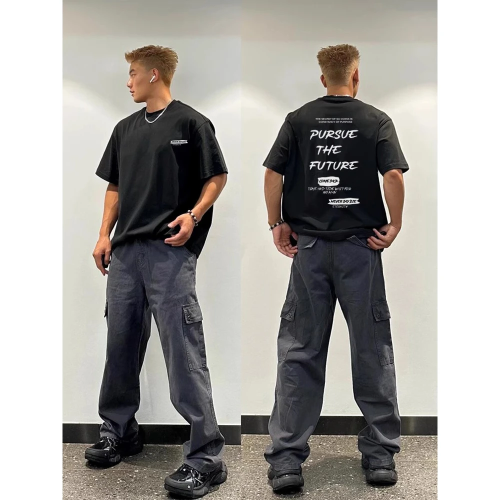 美式高街oversize宽松短袖t恤男夏季ins高中生重磅纯棉小领口上衣