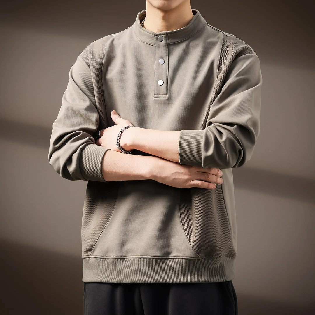 美式复古亨利领纽扣长袖卫衣男秋季新款拼接立领简约宽松休闲上衣