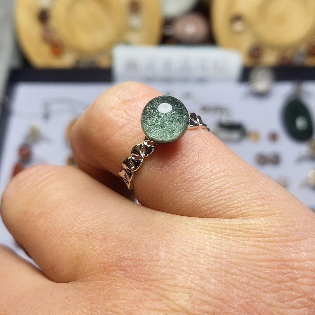 水晶戒指银S925镶嵌绿幽灵水晶小球戒指8.2mm