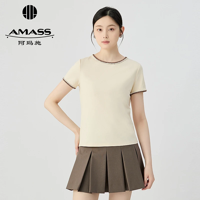 阿玛施AMASS新款气质休闲圆领领口袖口立体花边设计T恤上衣530054