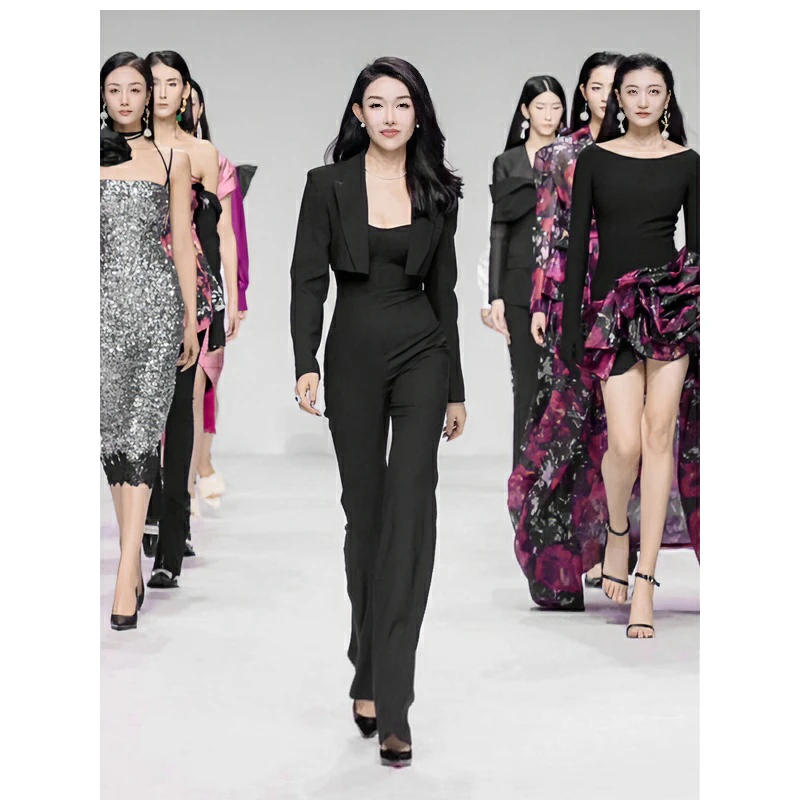 MAGGIEMA设计师款西裤气质时尚修身显瘦黑色女高腰微喇连体裤487P