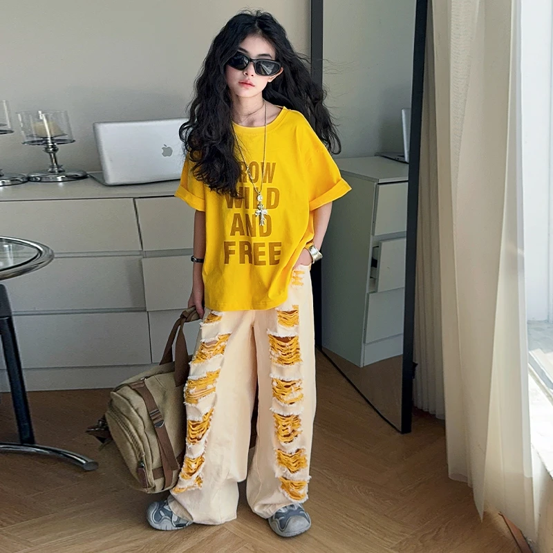 女童夏季套装2025新款洋气儿童小女孩网红时髦短袖休闲破洞两件套