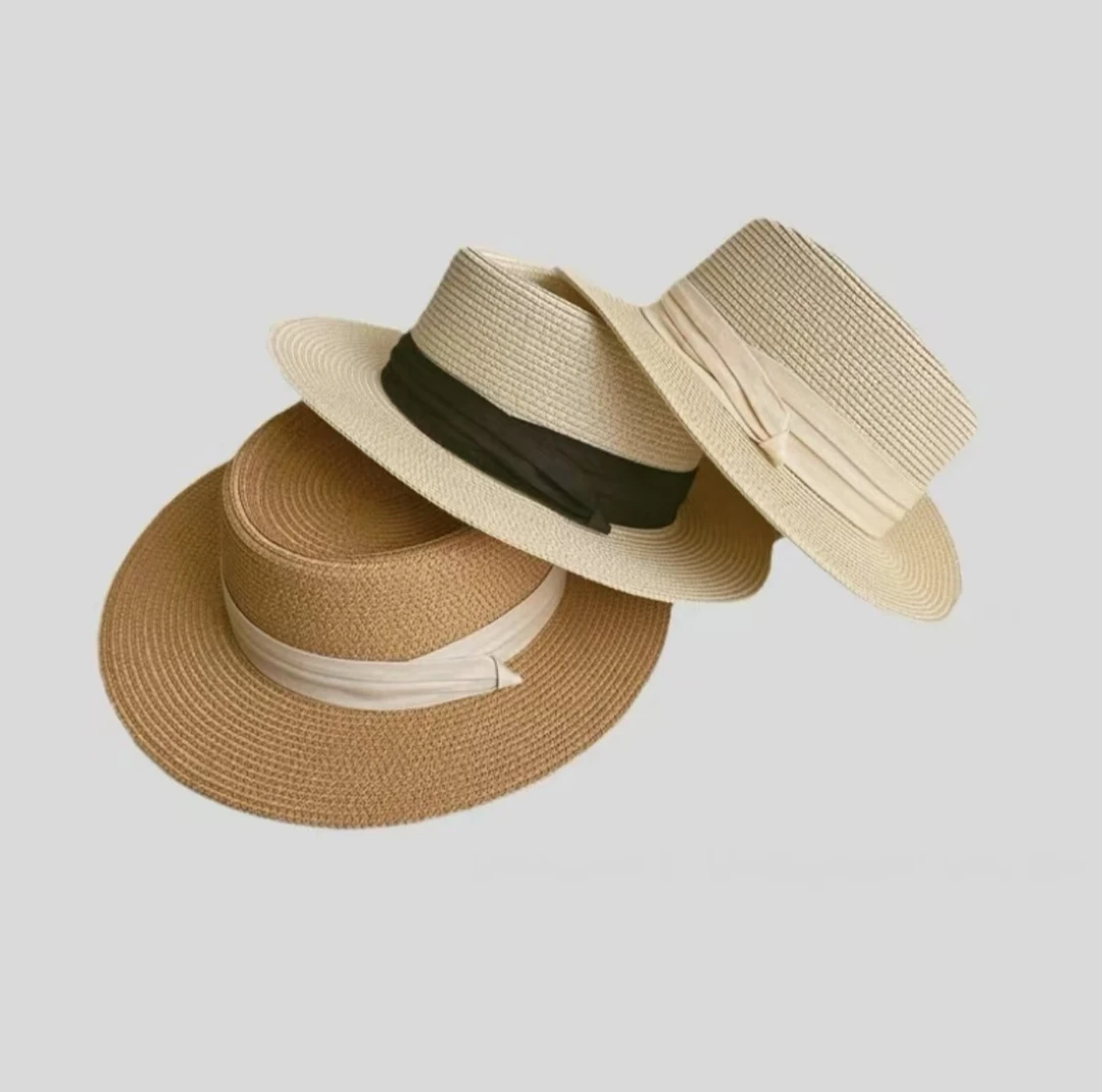 草帽帽子时尚平顶防晒度假草帽遮阳帽礼帽法式草编女夏季简约百搭