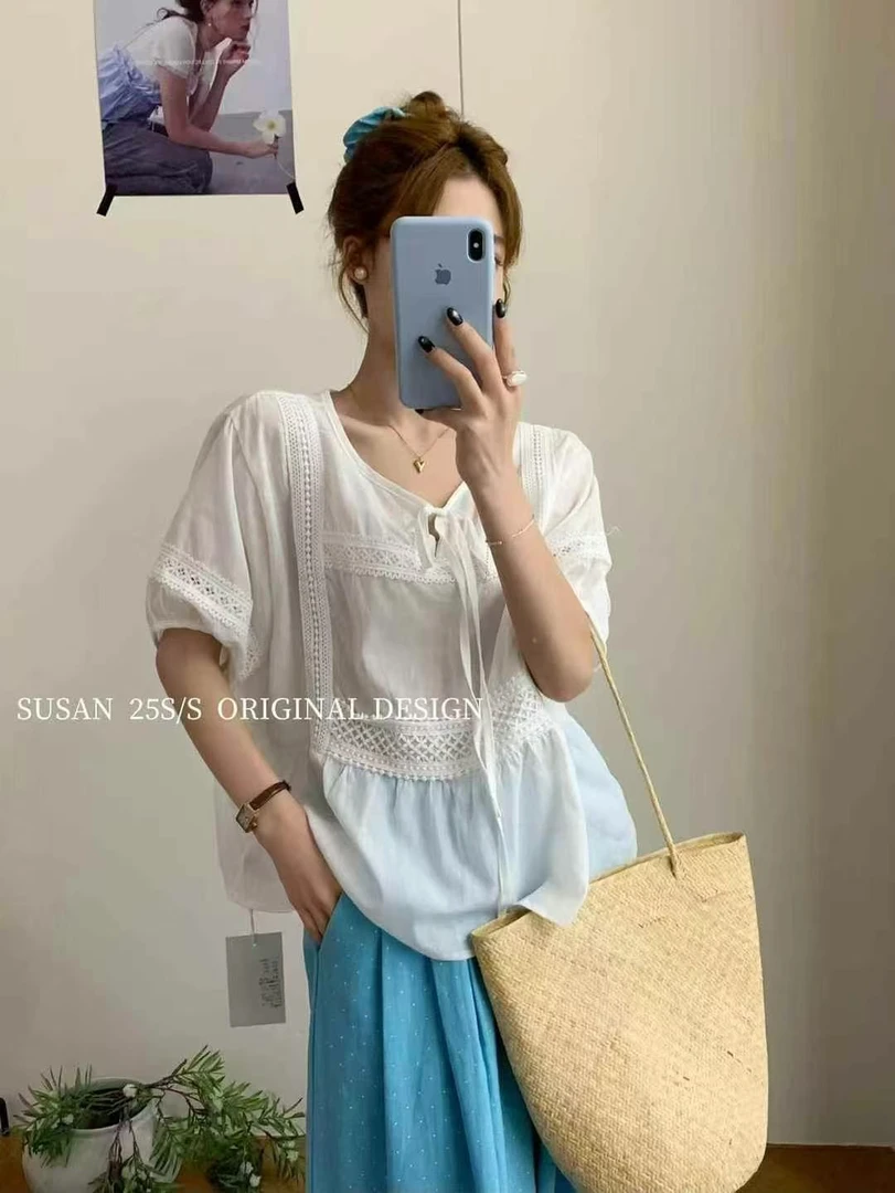 susan@25351 韩系简约圆领绑带蕾丝拼接小衫 6-25