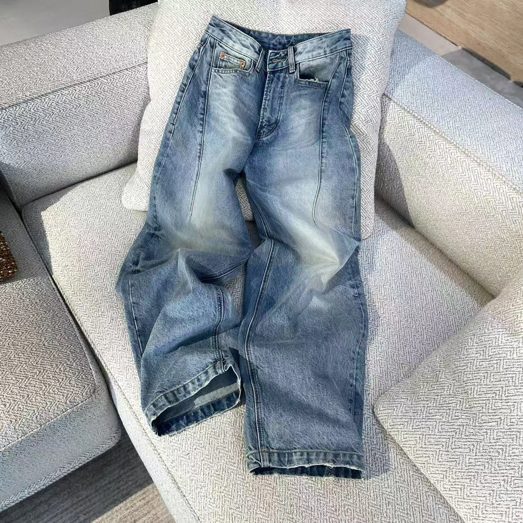 时尚简约设计感牛仔裤女2025春夏新款韩版宽松复古做旧直筒拖地裤