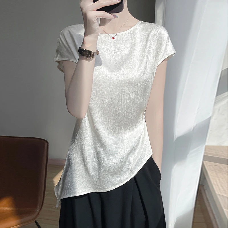 真丝短袖女款爆款2025新款圆领褶皱半袖打底衫气质显瘦设计感上衣