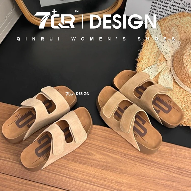 7+QR纯色厚底吐司增高外穿一字带休闲百搭凉鞋 CN&13919