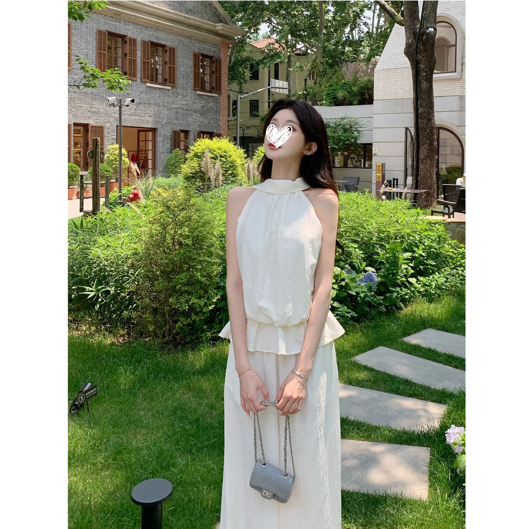 夏季韩系设计感荷叶边挂脖背心套装法式上衣长裤两件套