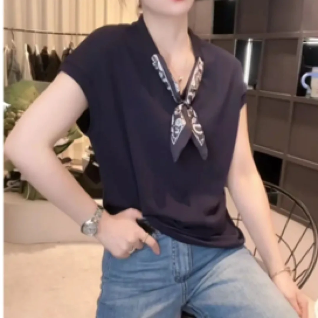 （丝巾款）夏季个性设计常规款简约纯色立体V领T恤