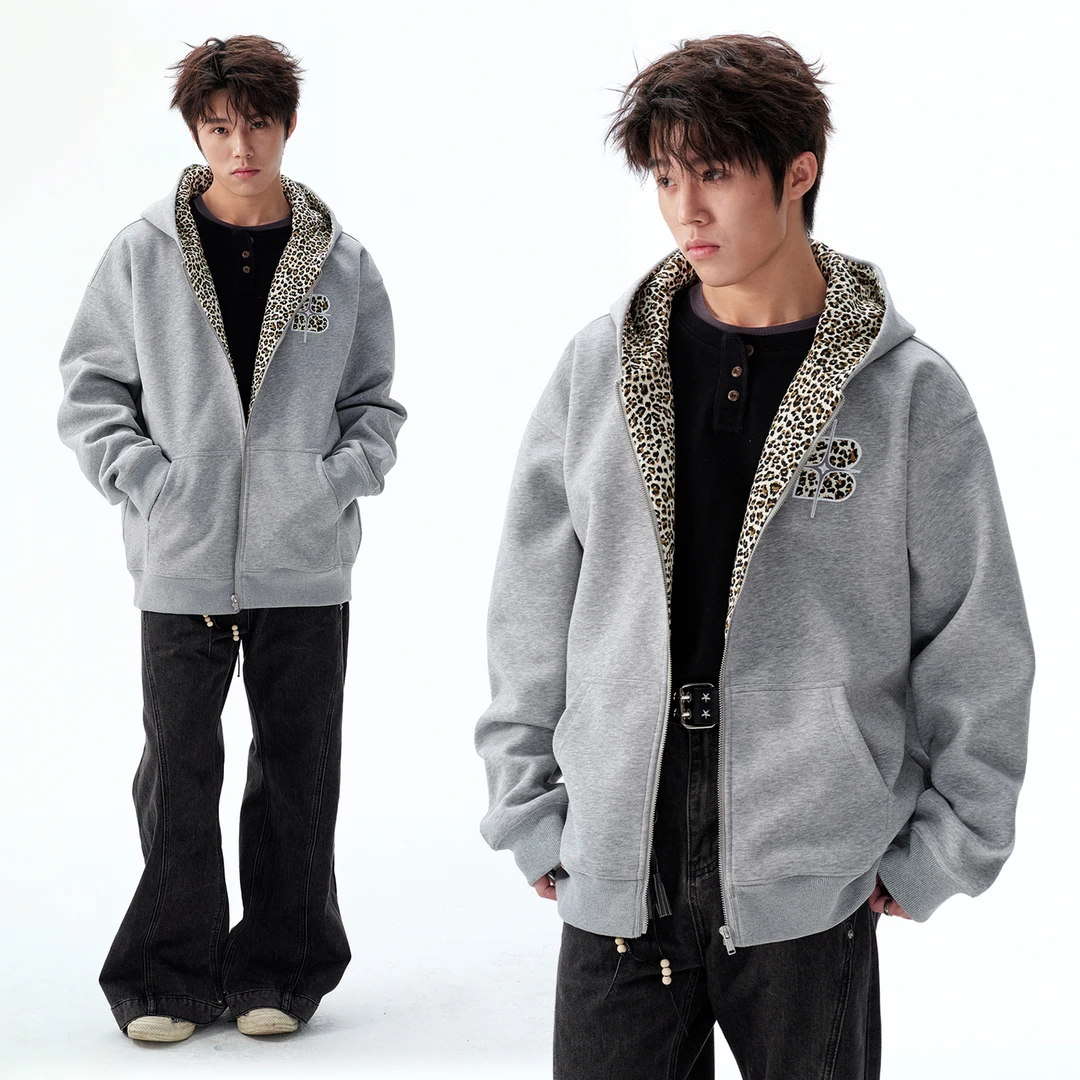 BIPOLAR豹纹贴布猫耳开衫情侣连帽宽松潮流运动休闲卫衣 18S355