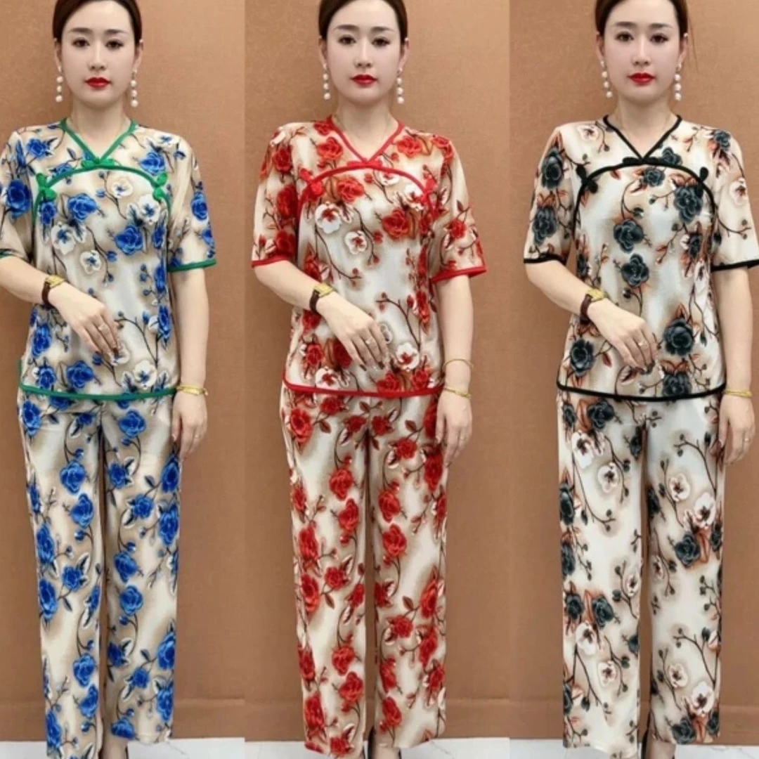 新款中老年女装夏季套装时尚洋气妈妈休闲上衣裤子短袖两件套民族