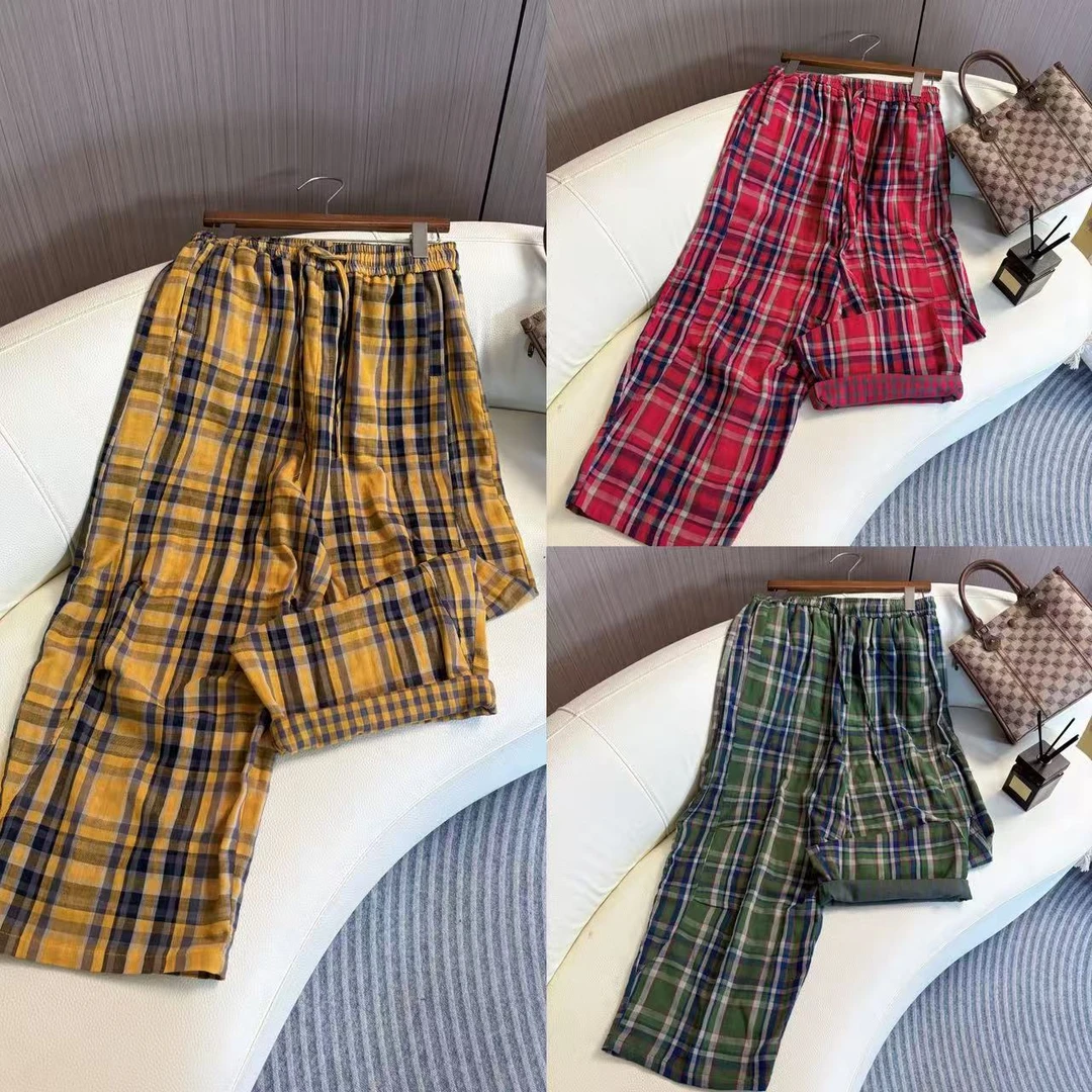 2025夏季新款时尚格子休闲裤宽松显瘦直筒阔腿裤拖地长裤子潮流3