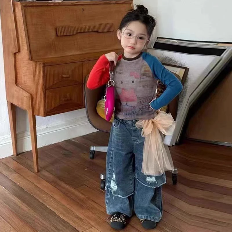 女童套装撞色短款长袖t恤秋季2025新款儿童女宝宝设计感上衣外穿