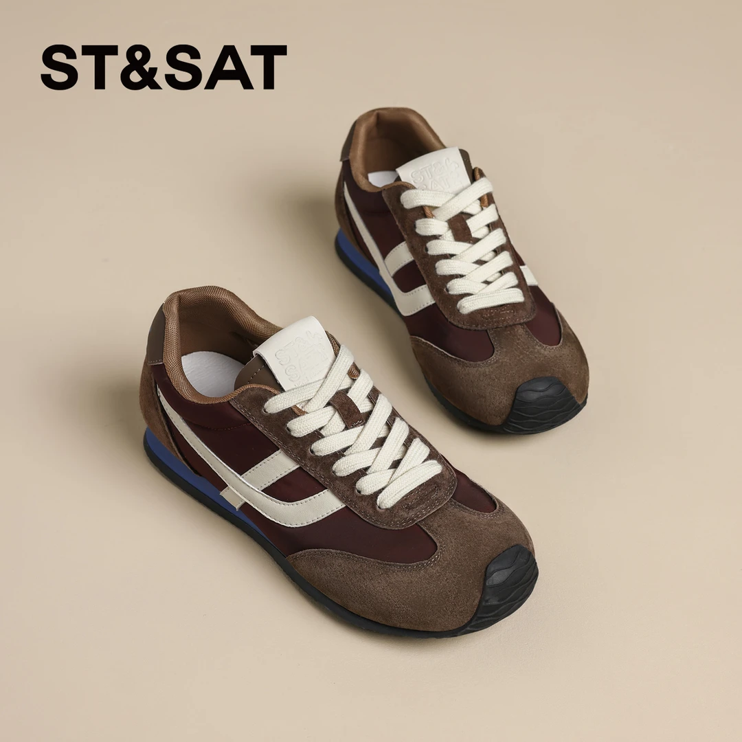 星期六芭蕾德训鞋女2025新款秋季棕色复古真皮女鞋休闲阿甘运动鞋