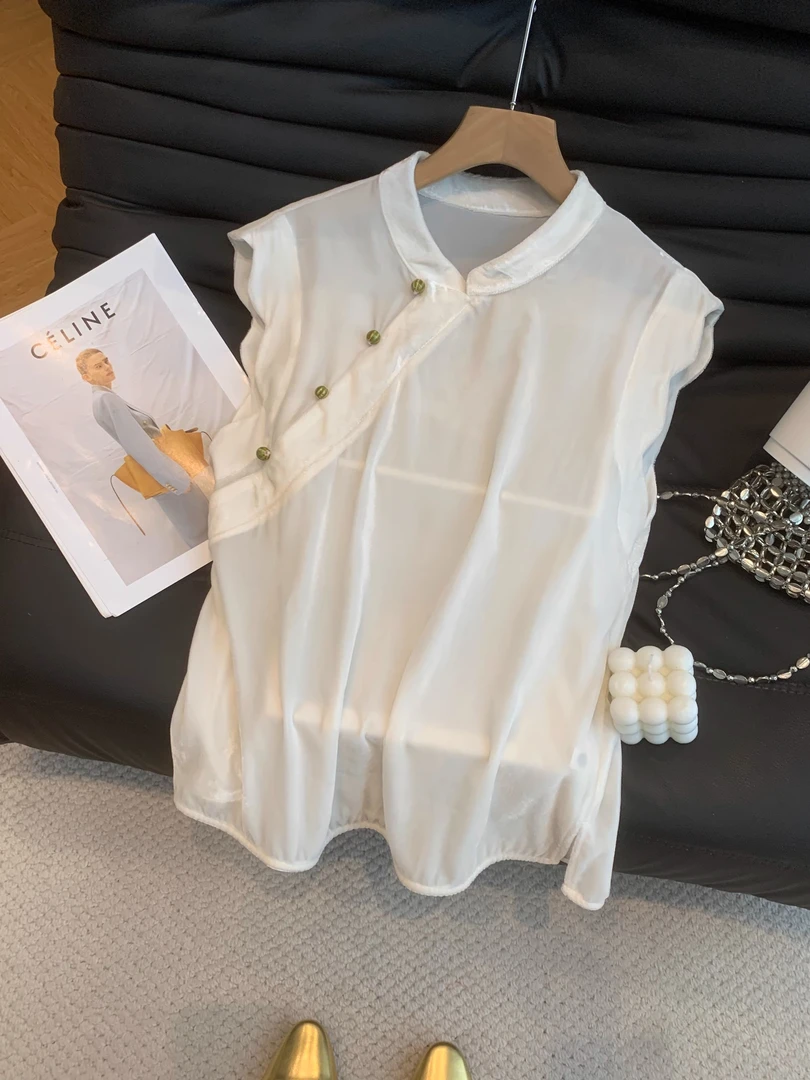 2025夏季新款新中式百搭立领盘扣无袖背心女宽松显瘦气质白色小衫