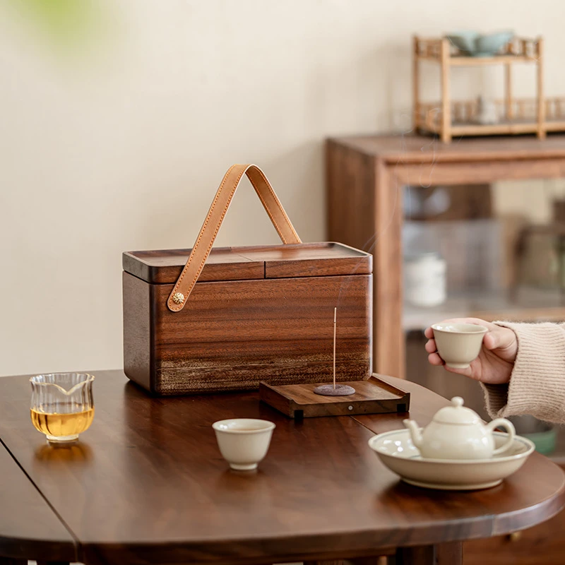 新中式胡桃木户外旅行茶具收纳包便携式车载茶壶茶杯收纳盒收纳袋