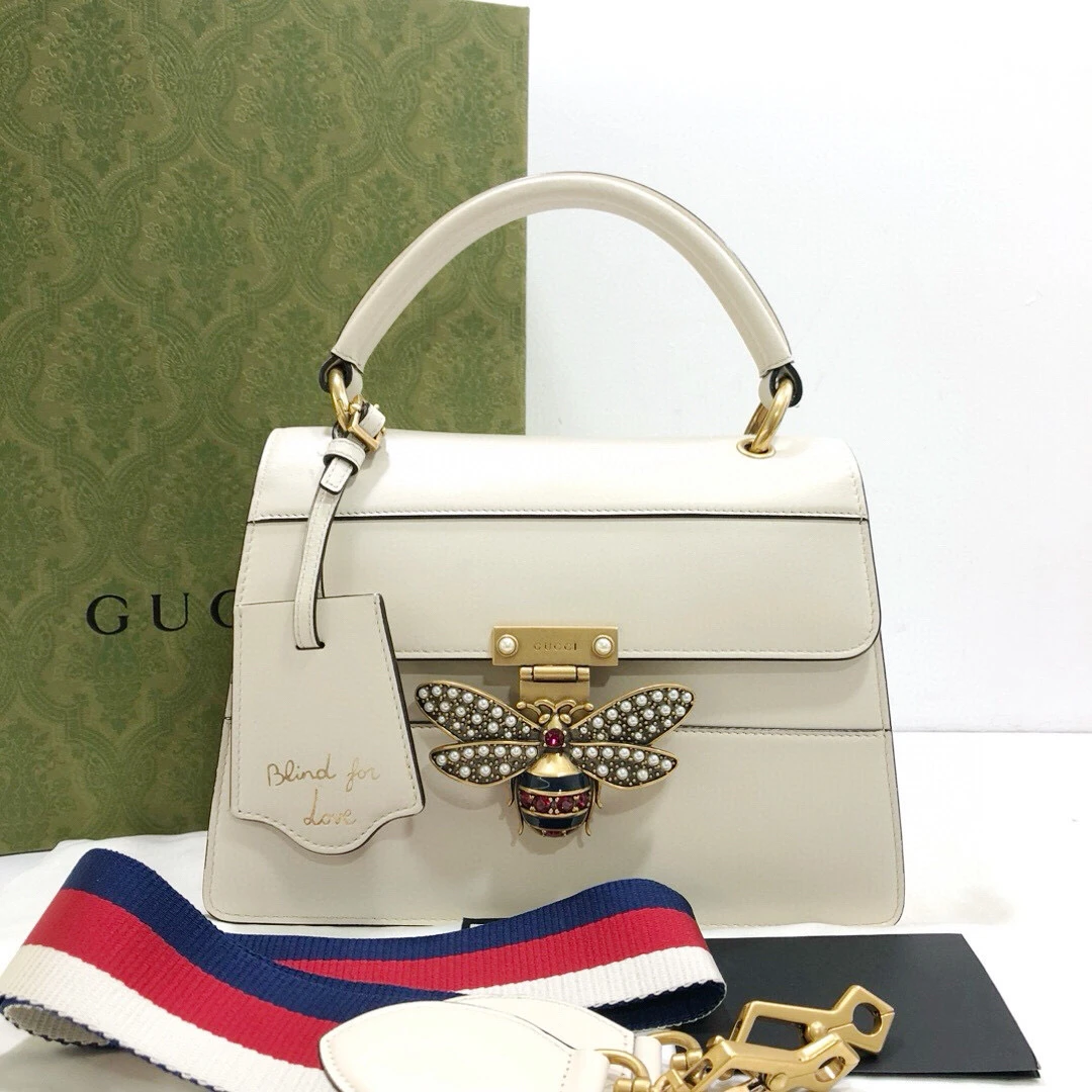 95新 GUCCI/古驰 白色全皮玛格丽特手提单肩斜挎包