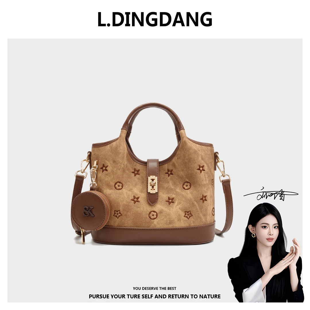 【刘叮当甄选】SK菜篮子手提袋包包绣花单肩斜挎包包（送挂饰）25790