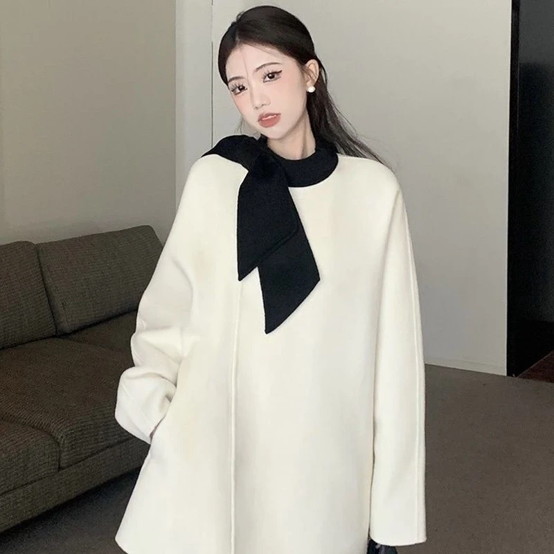 蝴蝶结毛呢秋冬女款上衣小香风高级感中长款韩版外套小众时尚气质