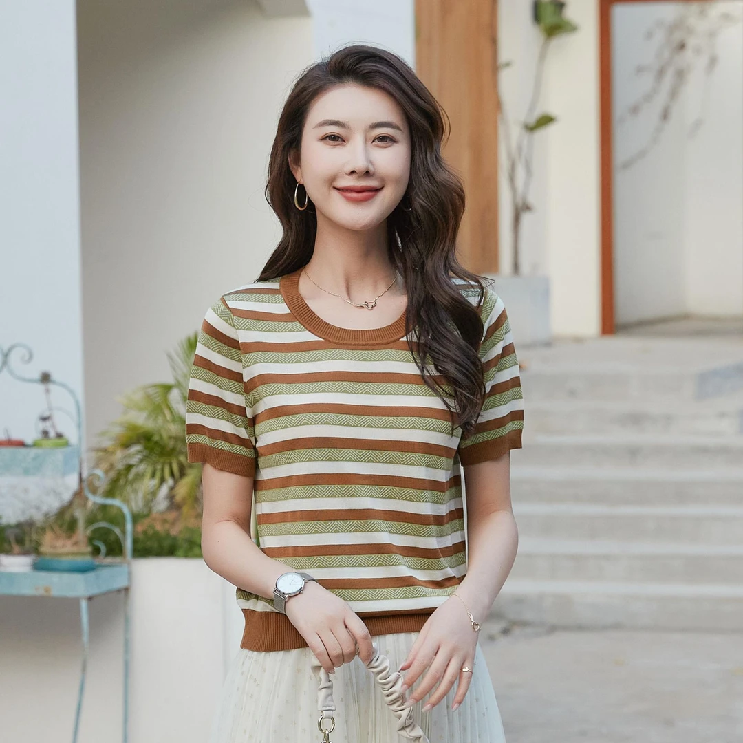 100%莱赛尔天丝圆领上衣夏季新款女条纹大码气质时尚短袖女90615