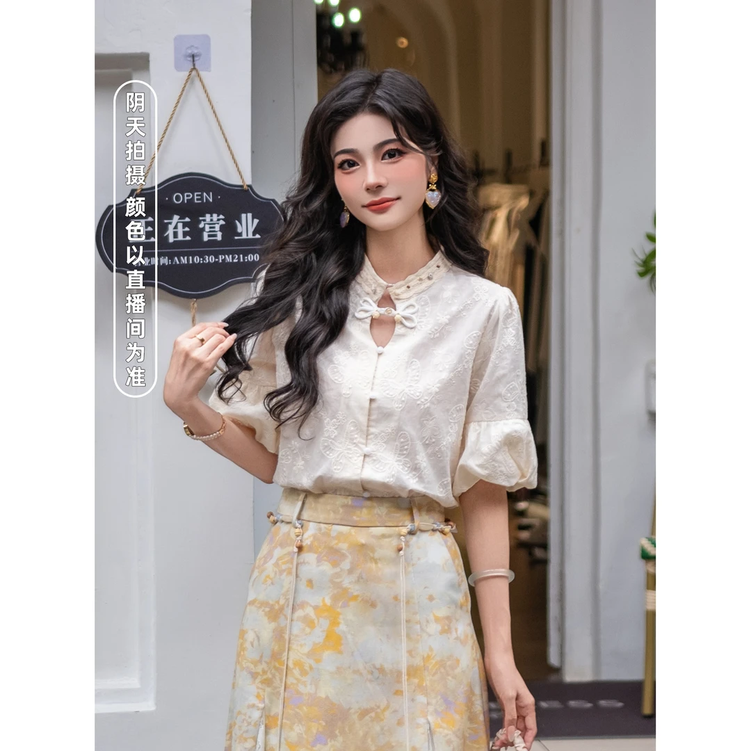 LIJIUJIU【杏花扑蝶】夏季短袖新中式气质显瘦棉布刺绣衬衫YX250534